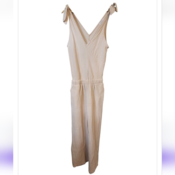 4OUR Dreamers ANTHROPOLOGIE Women's tan jumpsuit SMALL tie Top Wide Leg Ankle - Picture 1 of 8